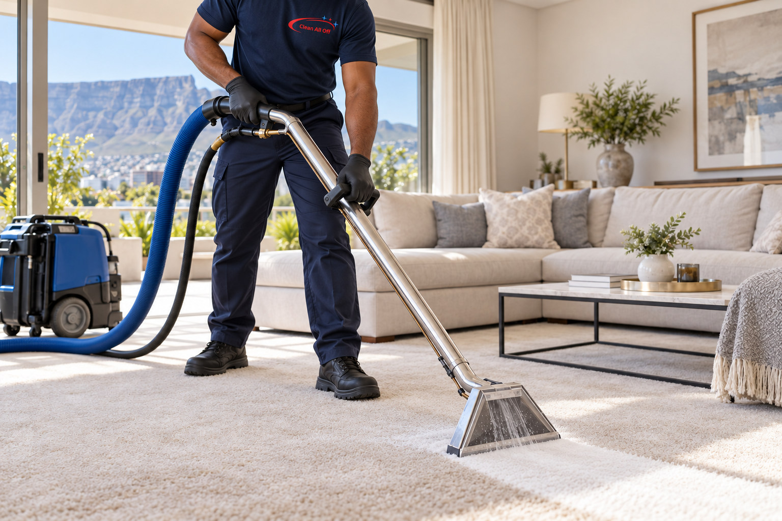 Carpet cleaning in a bright living room